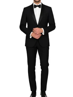 Label E Solid Black One Button 100% Wool Tuxedo Suit With Satin Shawl Lapels
