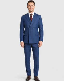 Label M Blue Check Wool Classic Fit Peak Lapel Double Breasted Suit