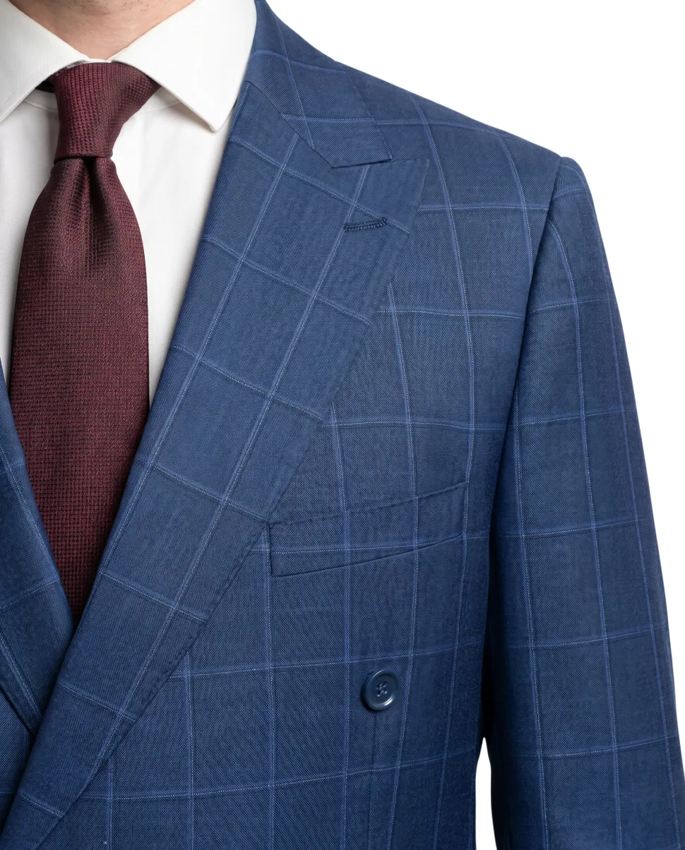 Label M Blue Check Wool Classic Fit Peak Lapel Double Breasted Suit