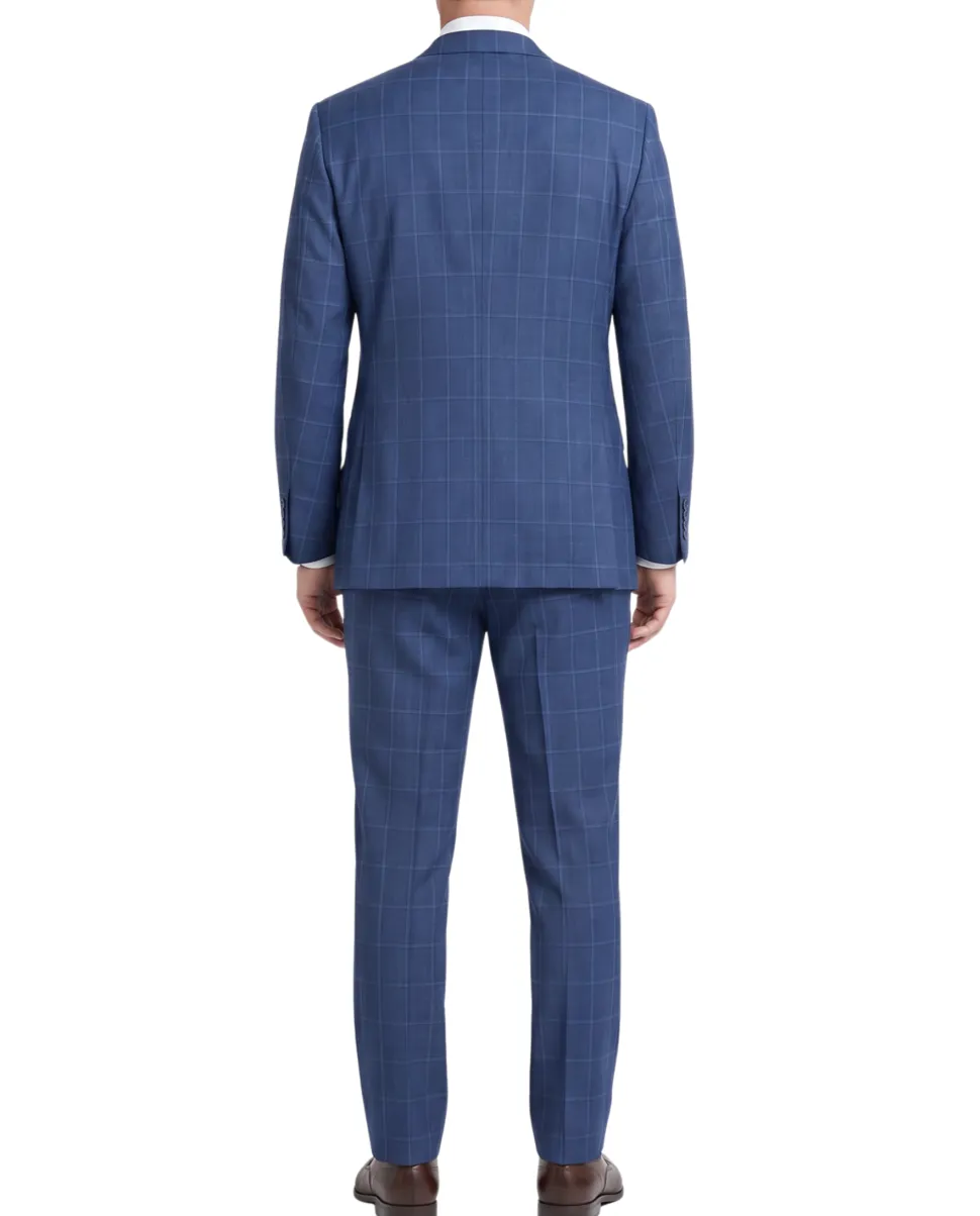 Label M Blue Check Wool Classic Fit Peak Lapel Double Breasted Suit