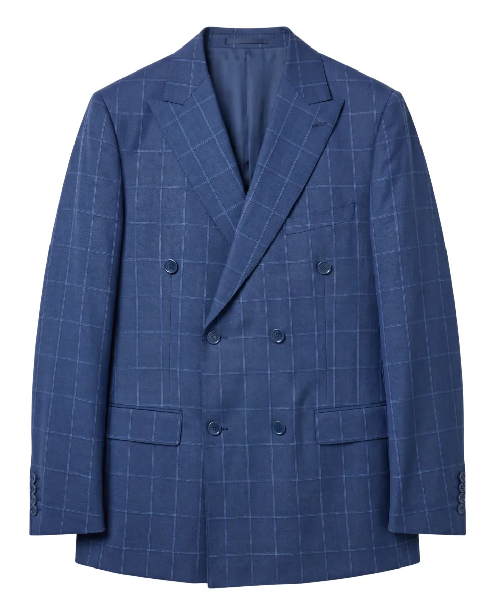 Label M Blue Check Wool Classic Fit Peak Lapel Double Breasted Suit