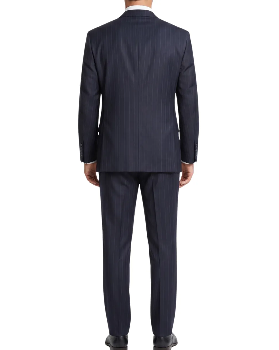 Label M Mens Navy Blue Pinstriped Regular Fit 100% Wool 2 Button Suit