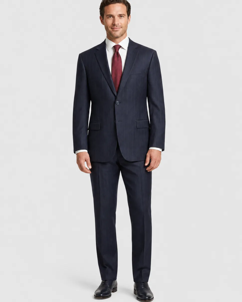Label M Mens Navy Blue Pinstriped Regular Fit 100% Wool 2 Button Suit