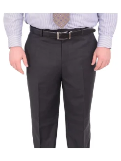 Label M Men's Portly Fit Solid Charcoal Gray Flat Front Wool Dress Pants