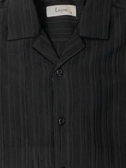 Lavane Mens Black Textured Short Sleeve Button-Up Polo Casual Shirt