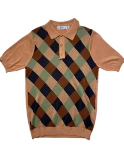 Lavane Mens Brown Argyle Cotton Rayon Blend Short Sleeve Knit Casual Shirt