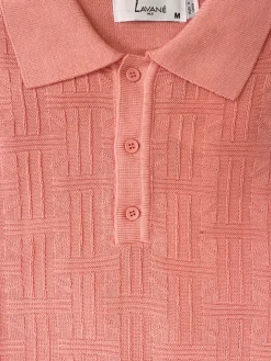 Lavane Mens Coral Pink Textured Short Sleeve Knit Polo Casual Shirt
