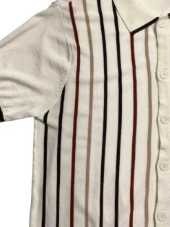 Lavane Mens Cream Striped Cotton Rayon Blend Knit Button-Up Polo Casual Shirt