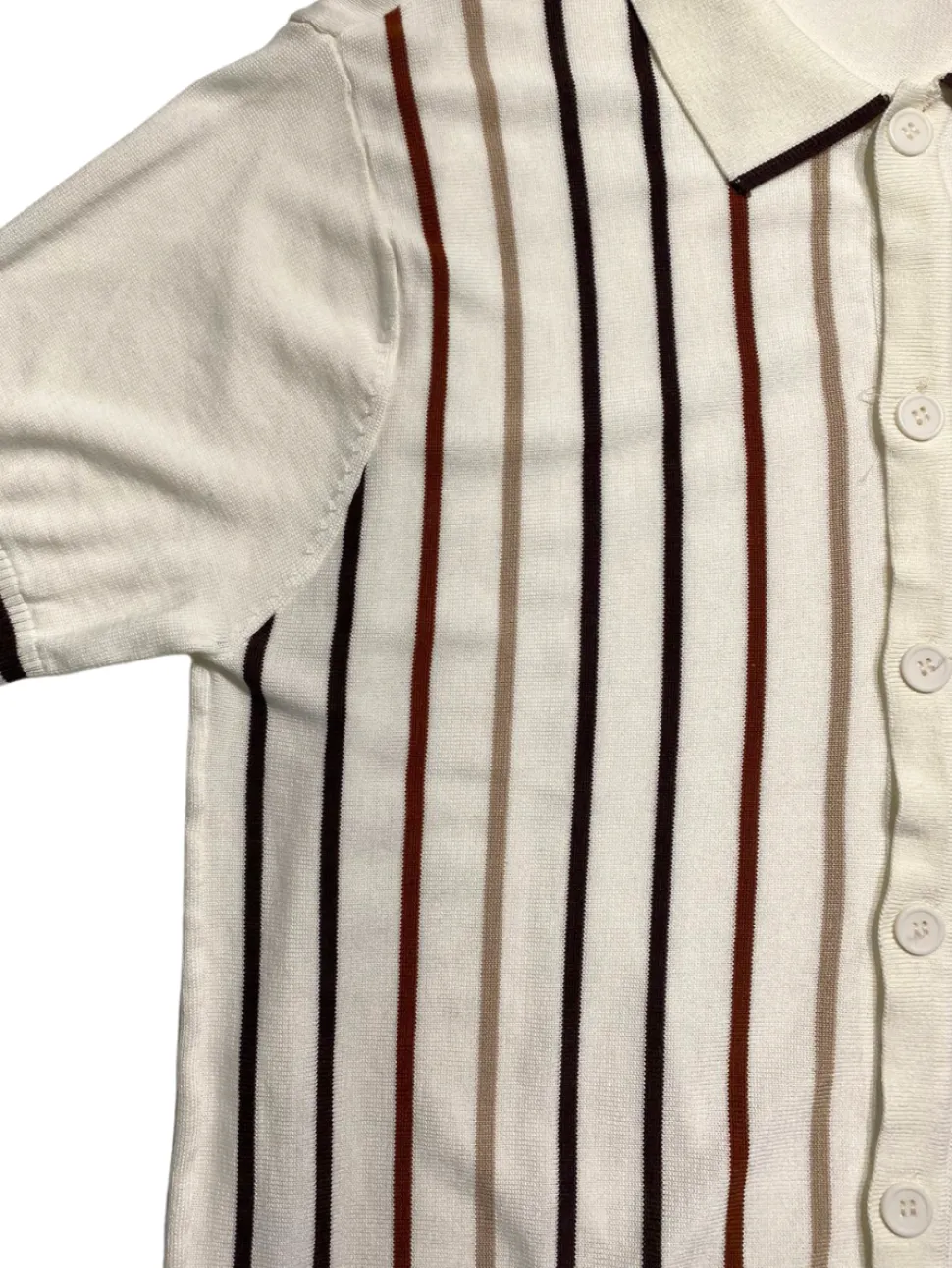 Lavane Mens Cream Striped Cotton Rayon Blend Knit Button-Up Polo Casual Shirt