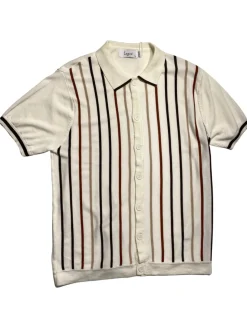 Lavane Mens Cream Striped Cotton Rayon Blend Knit Button-Up Polo Casual Shirt