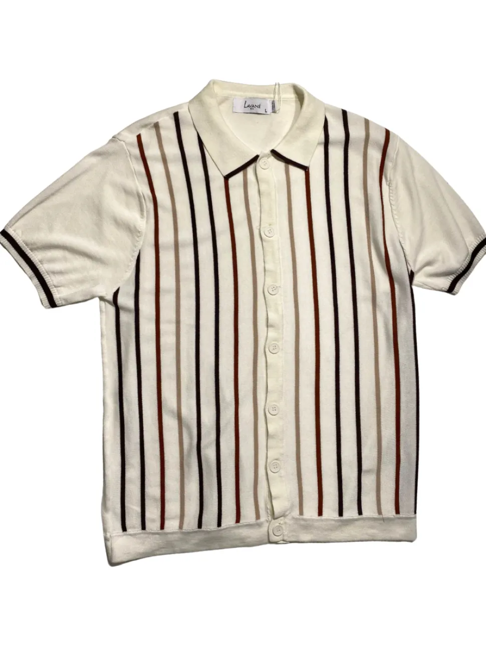 Lavane Mens Cream Striped Cotton Rayon Blend Knit Button-Up Polo Casual Shirt