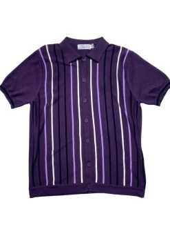 Lavane Mens Eggplant Striped Cotton Rayon Blend Knit Button-Up Polo Casual Shirt