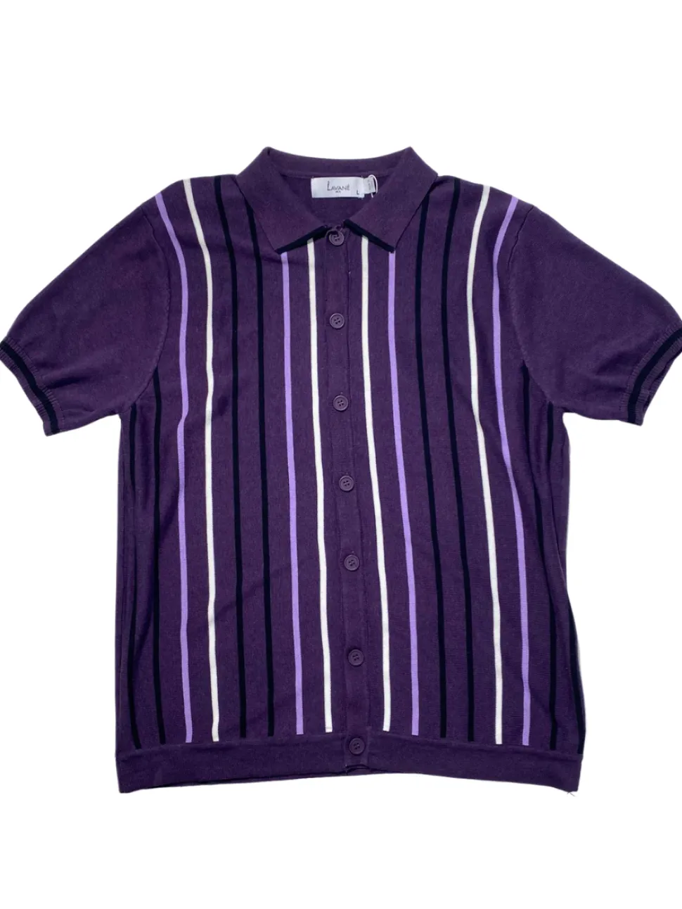 Lavane Mens Eggplant Striped Cotton Rayon Blend Knit Button-Up Polo Casual Shirt