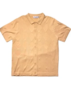 Lavane Mens Gold Textured Diamond Knit Button-Up Polo Casual Shirt
