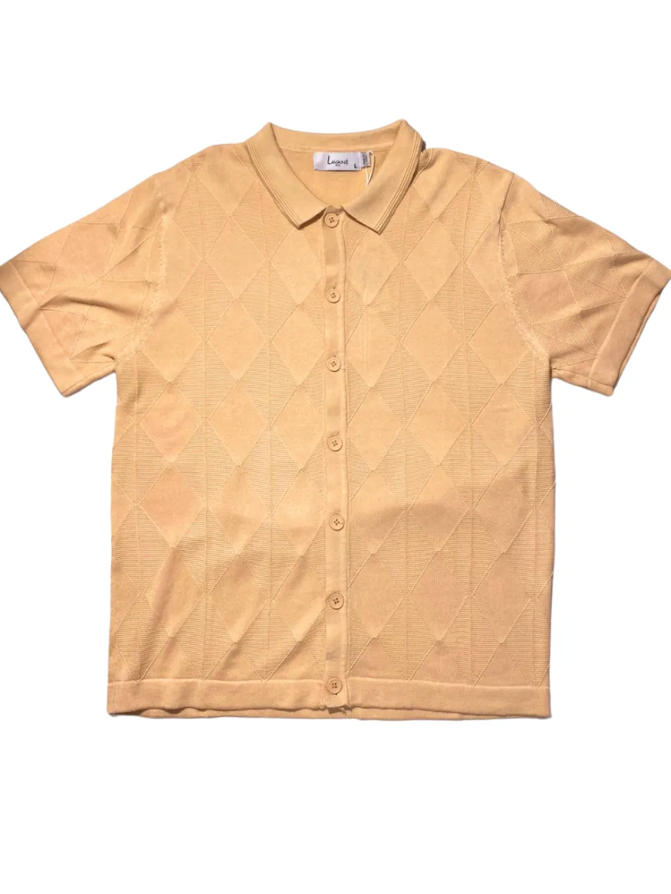 Lavane Mens Gold Textured Diamond Knit Button-Up Polo Casual Shirt