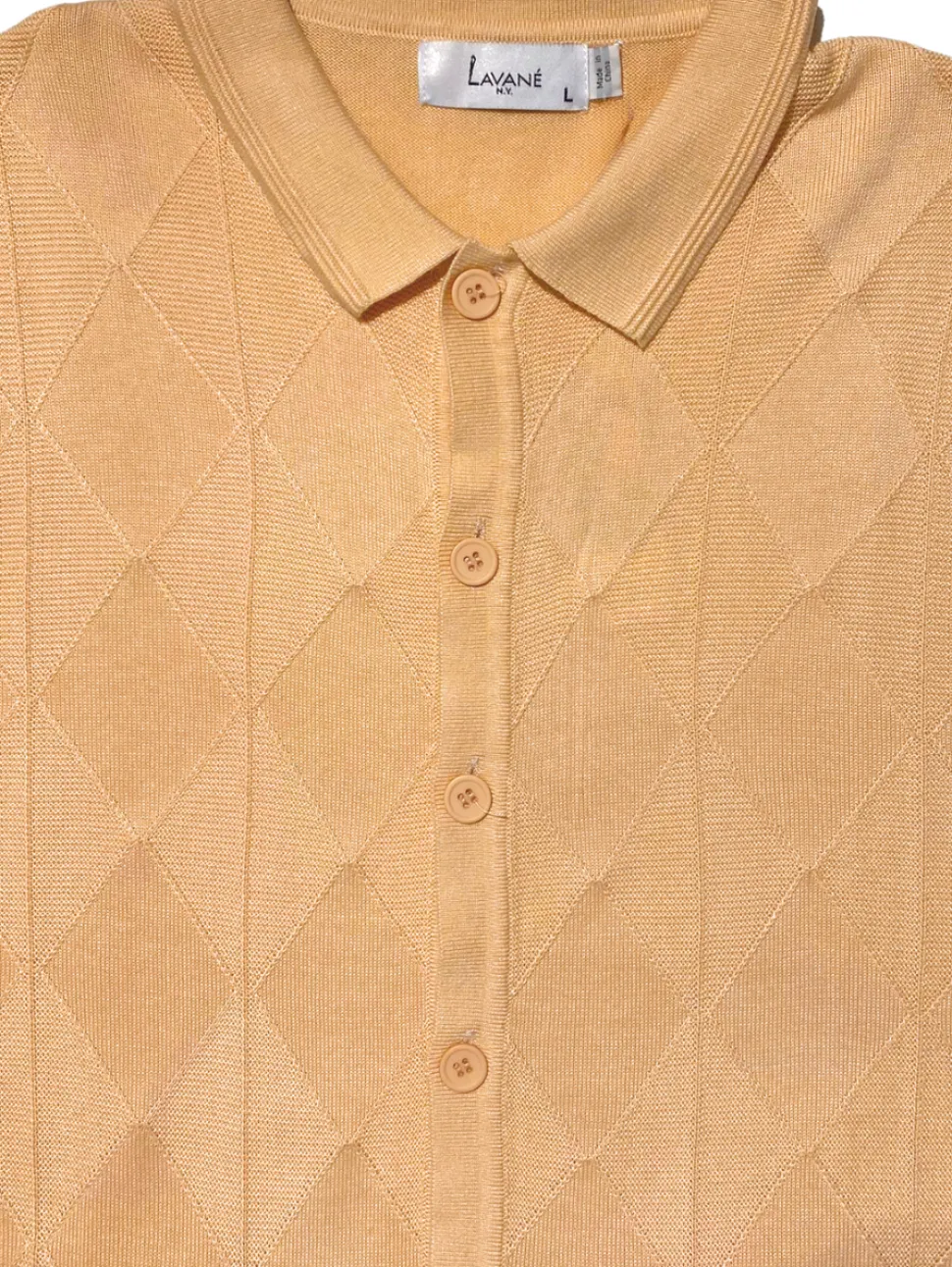 Lavane Mens Gold Textured Diamond Knit Button-Up Polo Casual Shirt
