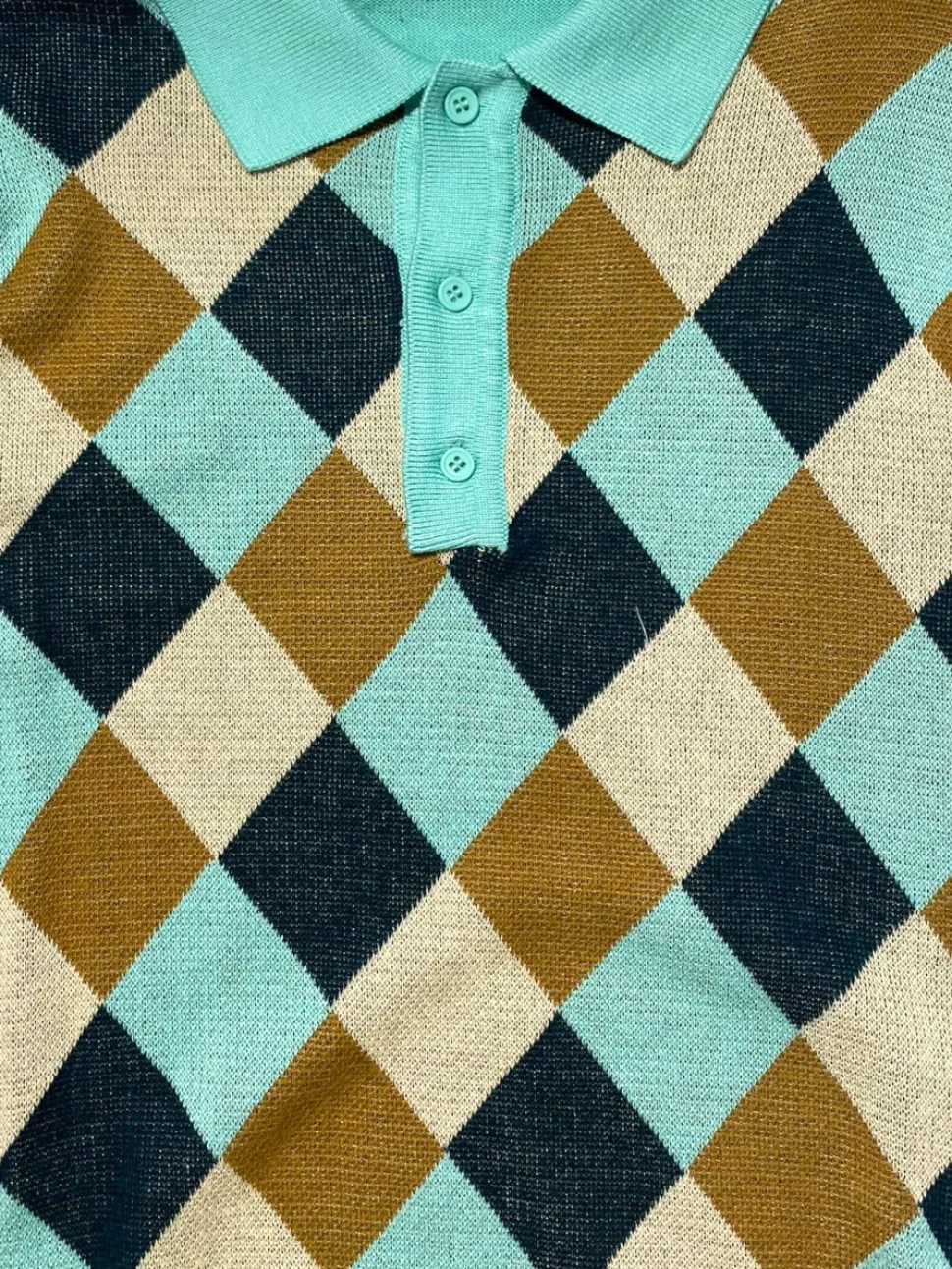Lavane Mens Mint Argyle Cotton Rayon Blend Short Sleeve Knit Casual Shirt