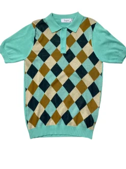 Lavane Mens Mint Argyle Cotton Rayon Blend Short Sleeve Knit Casual Shirt
