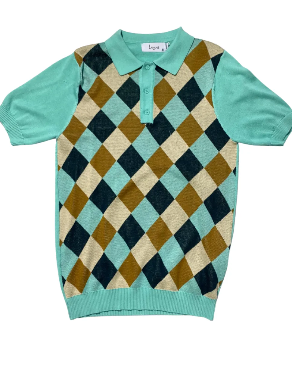 Lavane Mens Mint Argyle Cotton Rayon Blend Short Sleeve Knit Casual Shirt