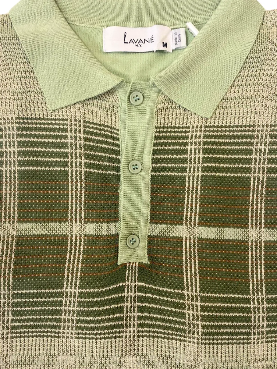 Lavane Mens Sage Green Plaid Short Sleeve Knit Polo Casual Shirt
