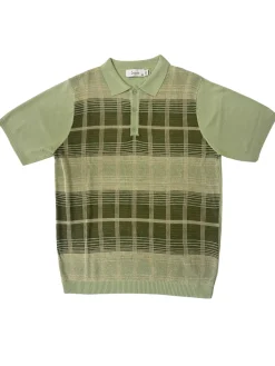 Lavane Mens Sage Green Plaid Short Sleeve Knit Polo Casual Shirt