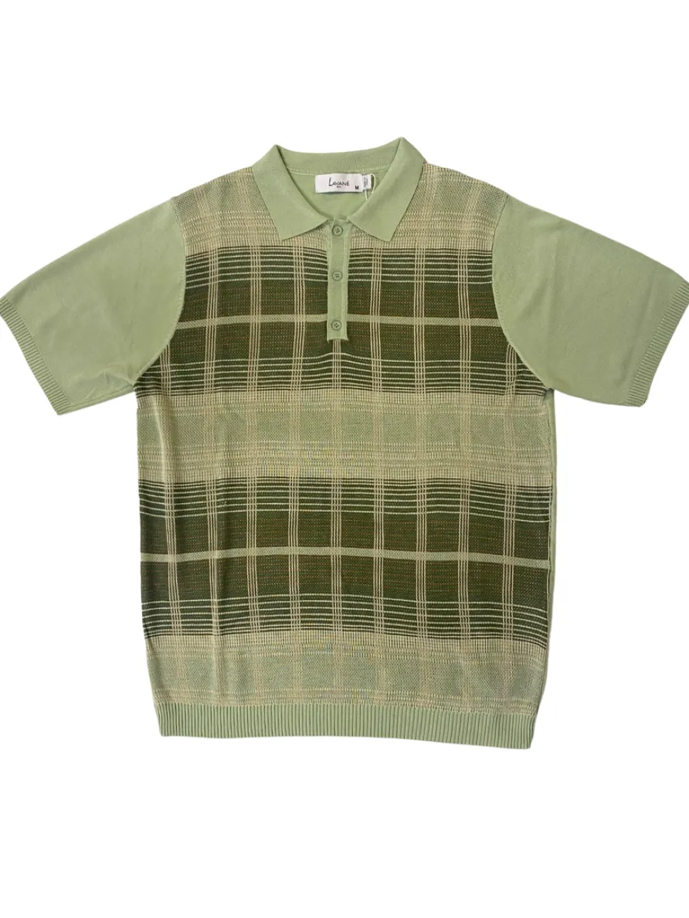 Lavane Mens Sage Green Plaid Short Sleeve Knit Polo Casual Shirt