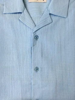 Lavane Mens Sky Blue Textured Short Sleeve Cuban Collar Button-Up Casual Shirt