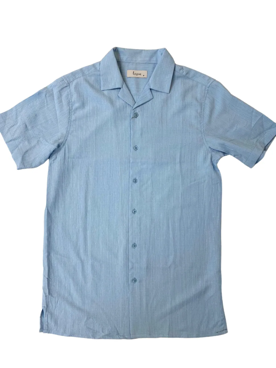 Lavane Mens Sky Blue Textured Short Sleeve Cuban Collar Button-Up Casual Shirt