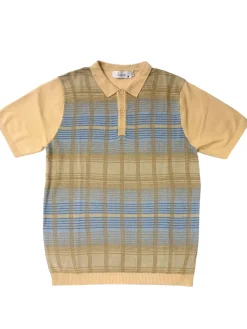 Lavane Mens Tan Plaid Short Sleeve Knit Polo Casual Shirt