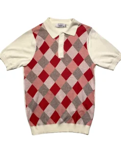 Lavane Mens White Argyle Cotton Rayon Blend Short Sleeve Knit Casual Shirt