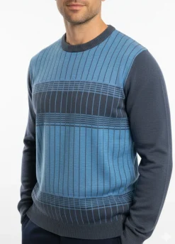 Lavane N.Y. Blue Striped Colorblock Knit Crewneck Sweater