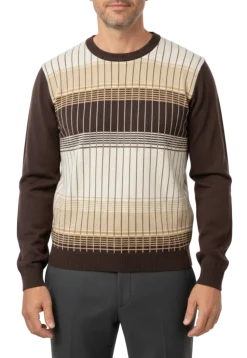 Lavane N.Y. Brown & Tan Striped Colorblock Knit Crewneck Sweater