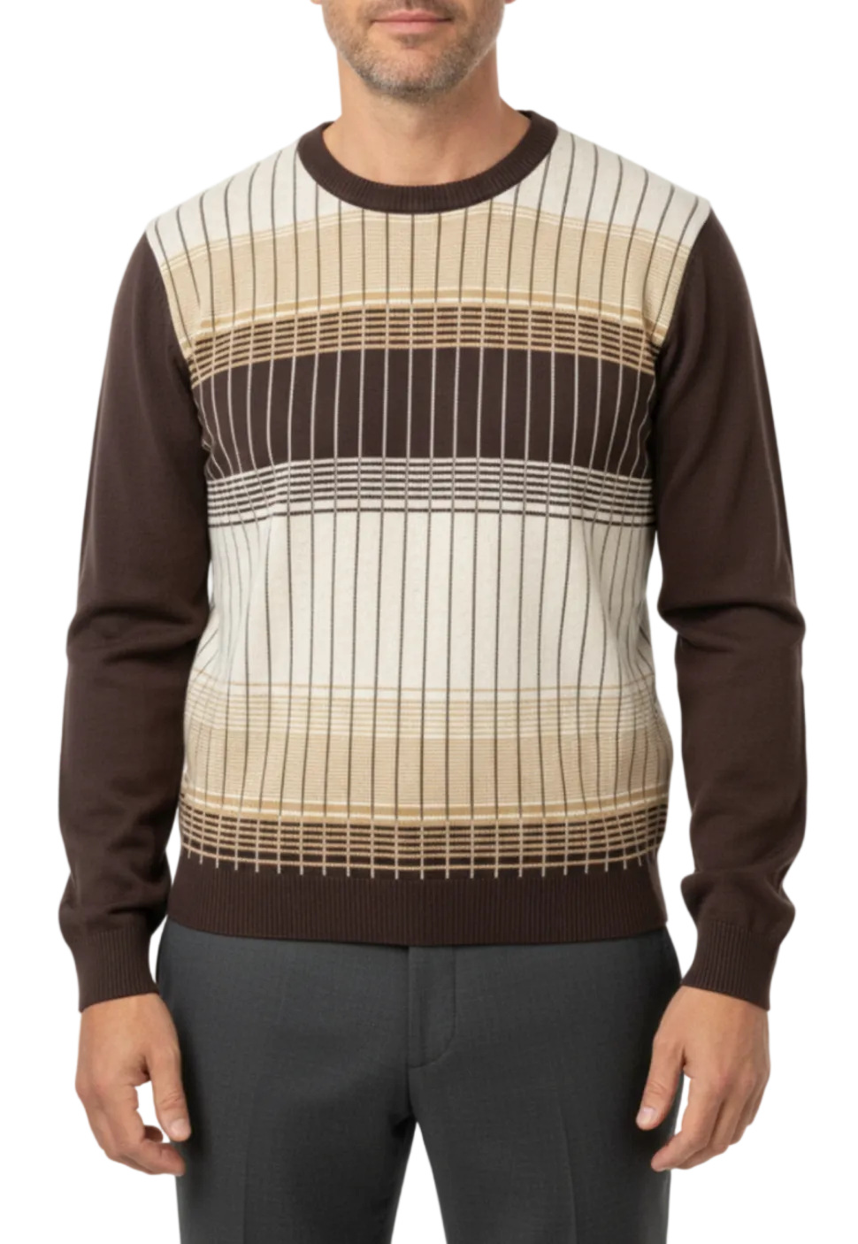 Lavane N.Y. Brown & Tan Striped Colorblock Knit Crewneck Sweater