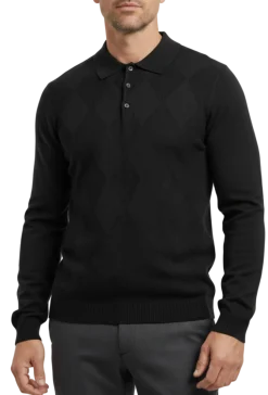 Lavane N.Y. Mens Black Diamond Knit Polo Sweater Shirt