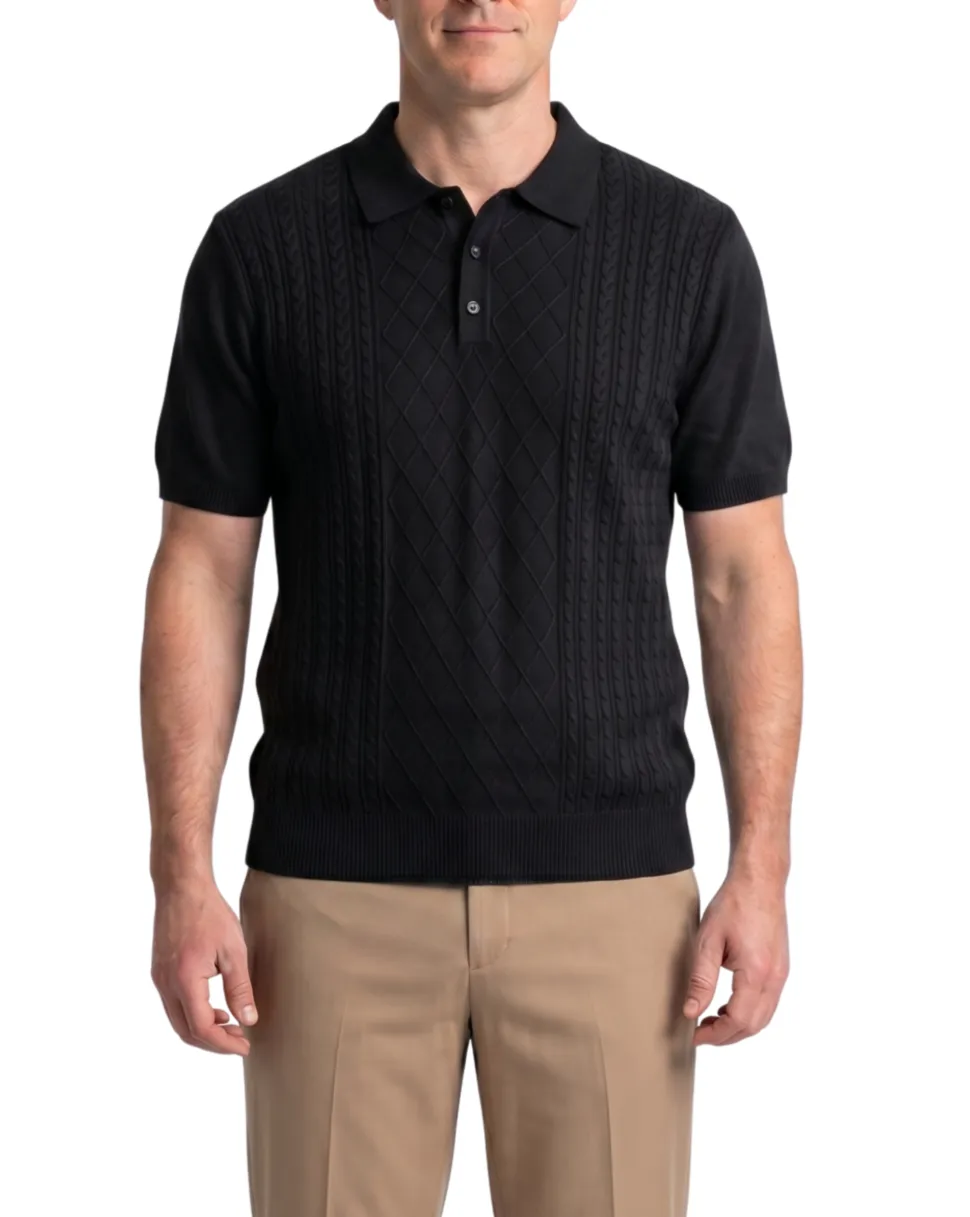 Lavane N.Y. Mens Black Diamond Knit Short Sleeve Polo Sweater Shirt