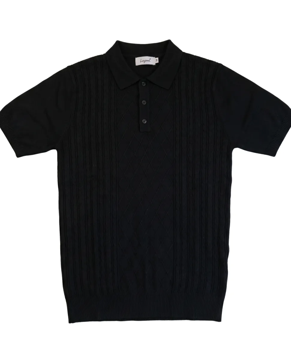Lavane N.Y. Mens Black Diamond Knit Short Sleeve Polo Sweater Shirt
