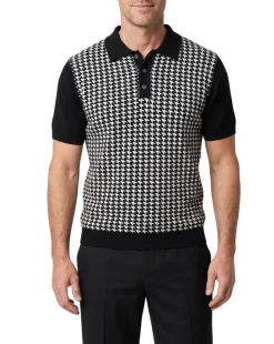 Lavane N.Y. Mens Black Houndstooth Knit Short Sleeve Polo Sweater Shirt