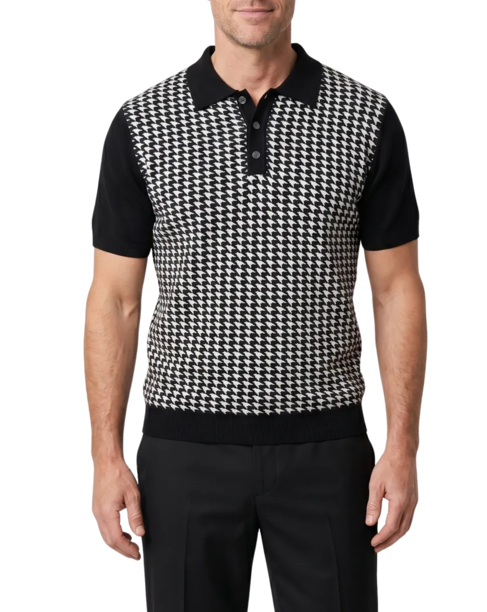 Lavane N.Y. Mens Black Houndstooth Knit Short Sleeve Polo Sweater Shirt