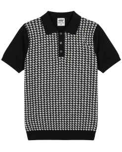 Lavane N.Y. Mens Black Houndstooth Knit Short Sleeve Polo Sweater Shirt