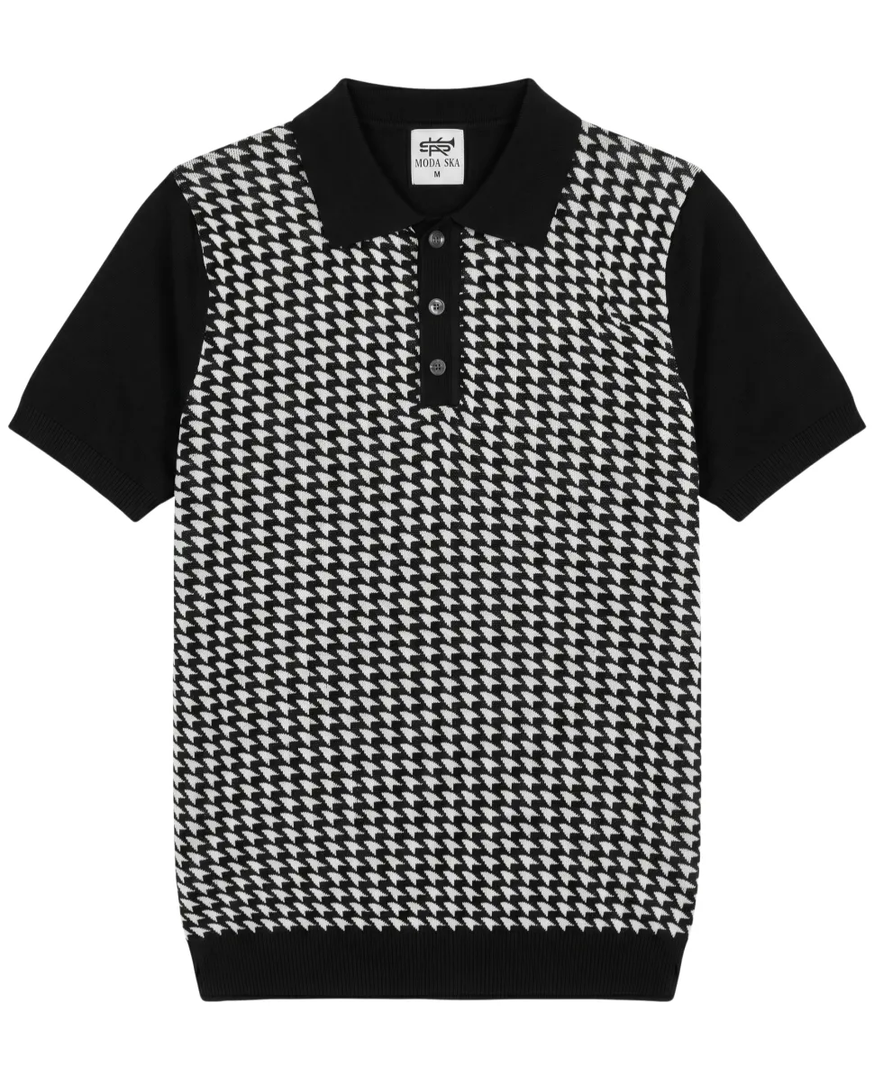 Lavane N.Y. Mens Black Houndstooth Knit Short Sleeve Polo Sweater Shirt