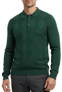 Lavane N.Y. Mens Hunter Green Diamond Knit Polo Sweater Shirt