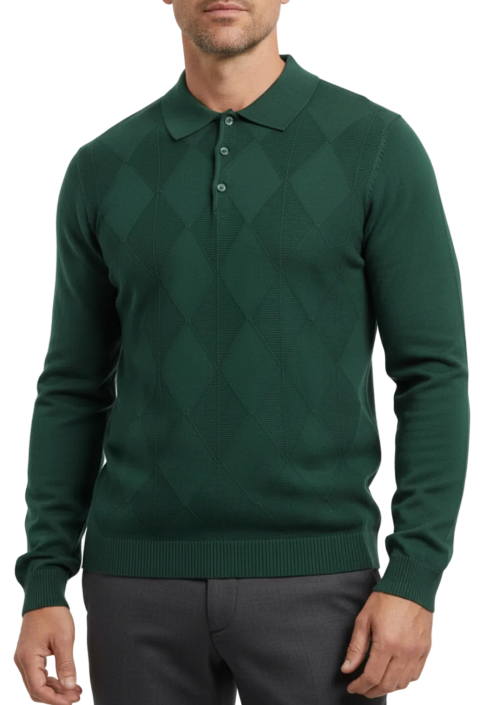 Lavane N.Y. Mens Hunter Green Diamond Knit Polo Sweater Shirt