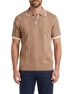 Lavane N.Y. Mens Khaki Brown Knit Short Sleeve Polo Sweater Shirt