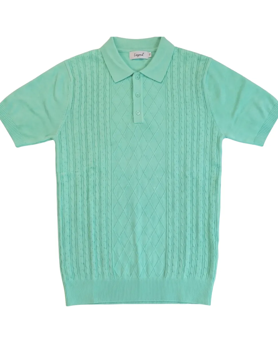 Lavane N.Y. Mens Mint Green Diamond Knit Short Sleeve Polo Sweater Shirt