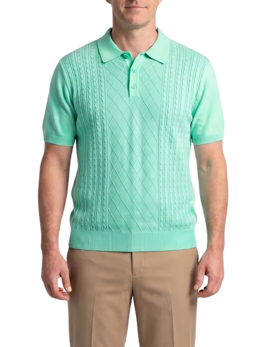Lavane N.Y. Mens Mint Green Diamond Knit Short Sleeve Polo Sweater Shirt