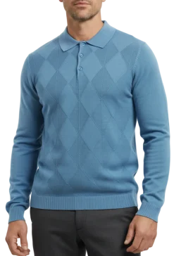 Lavane N.Y. Mens Sky Blue Diamond Knit Polo Sweater Shirt