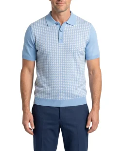 Lavane N.Y. Mens Sky Blue Houndstooth Knit Short Sleeve Polo Sweater Shirt