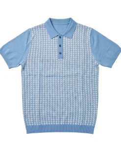 Lavane N.Y. Mens Sky Blue Houndstooth Knit Short Sleeve Polo Sweater Shirt