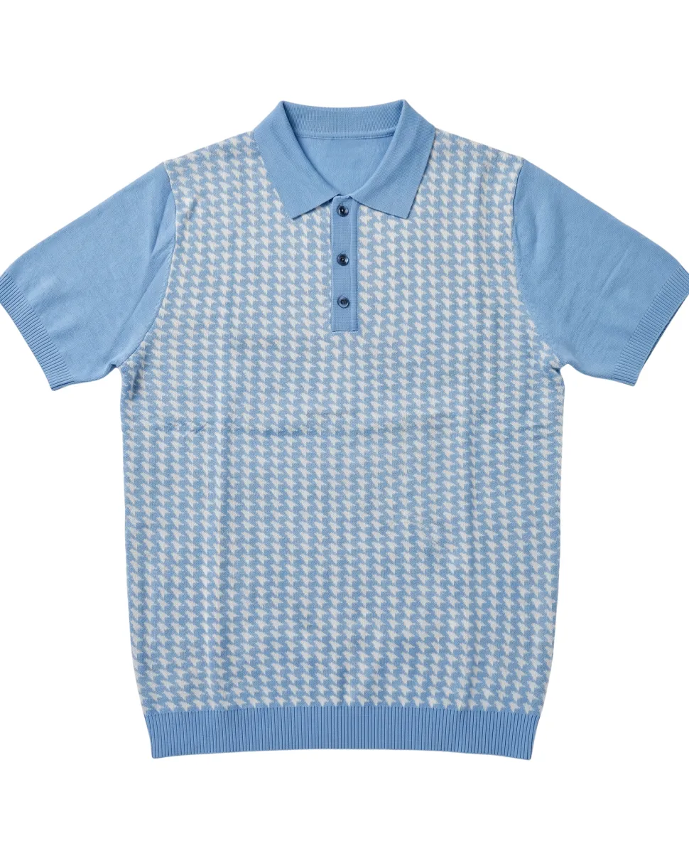 Lavane N.Y. Mens Sky Blue Houndstooth Knit Short Sleeve Polo Sweater Shirt