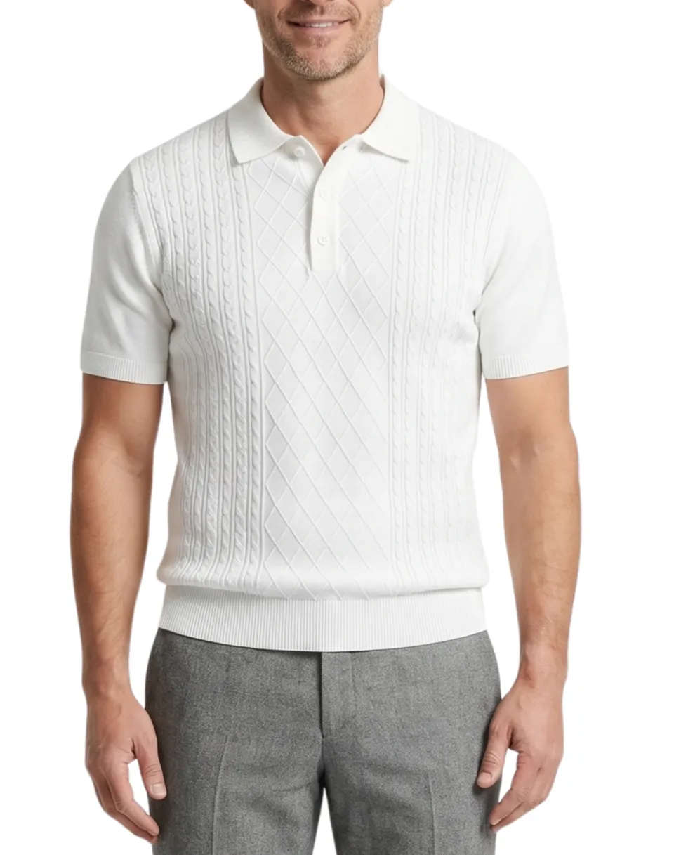 Lavane N.Y. Mens White Diamond Knit Short Sleeve Polo Sweater Shirt